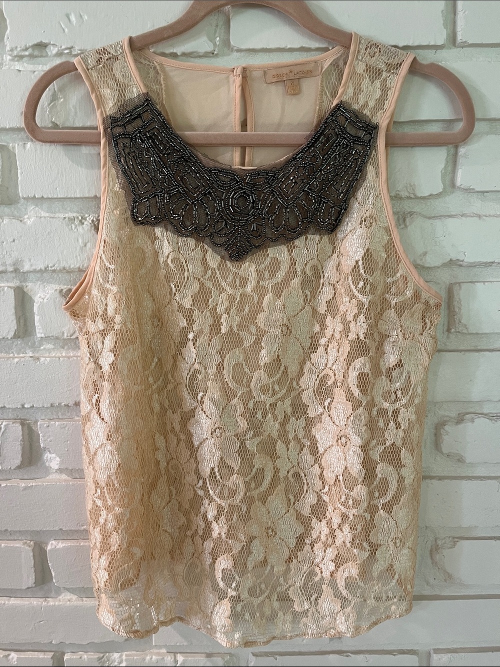 Gibson Latimer Cream Lace Tank with Black Beaded Collar
